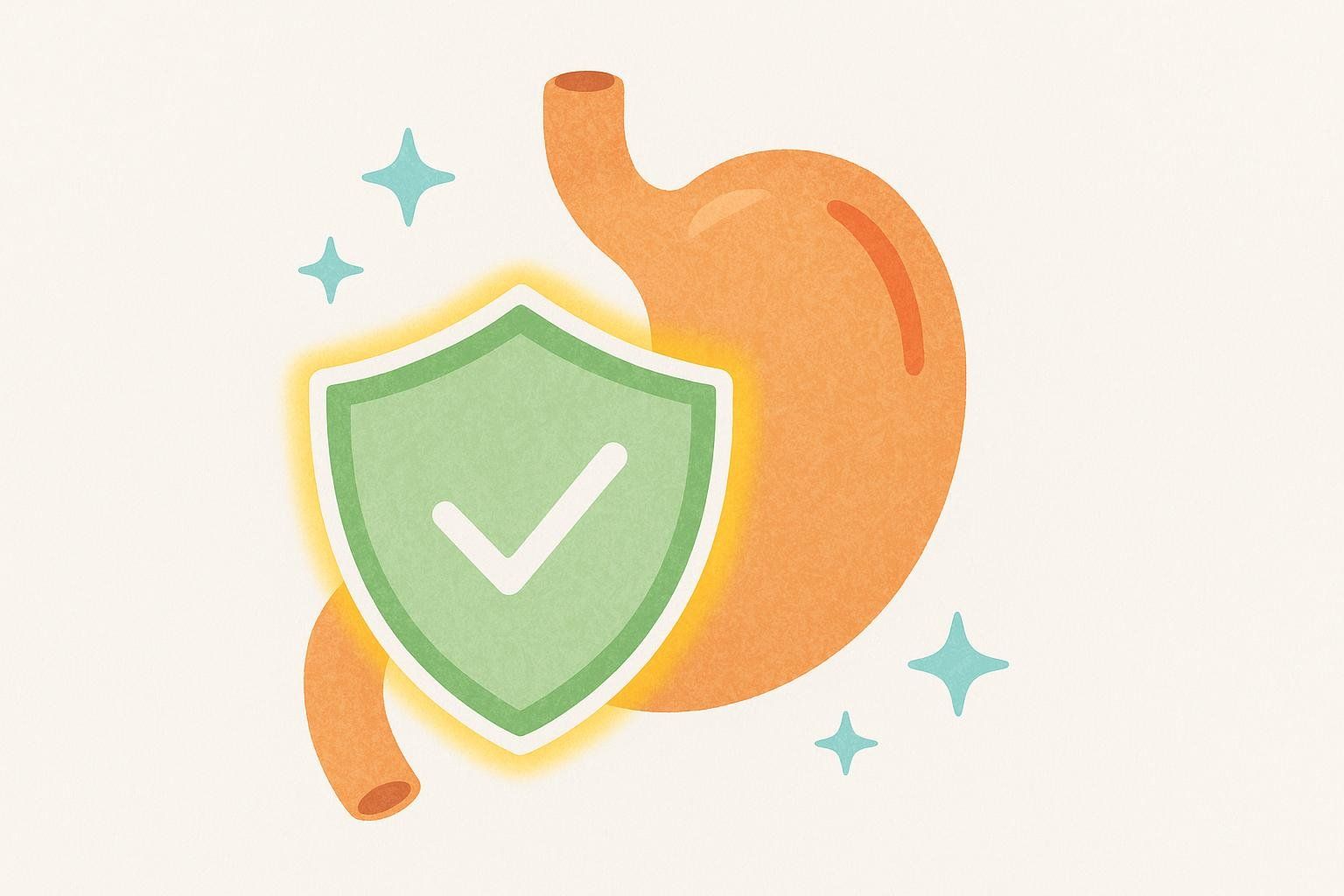 An illustration of a stomach protected by a shield, symbolizing BPC-157's role in gut protection and healing.