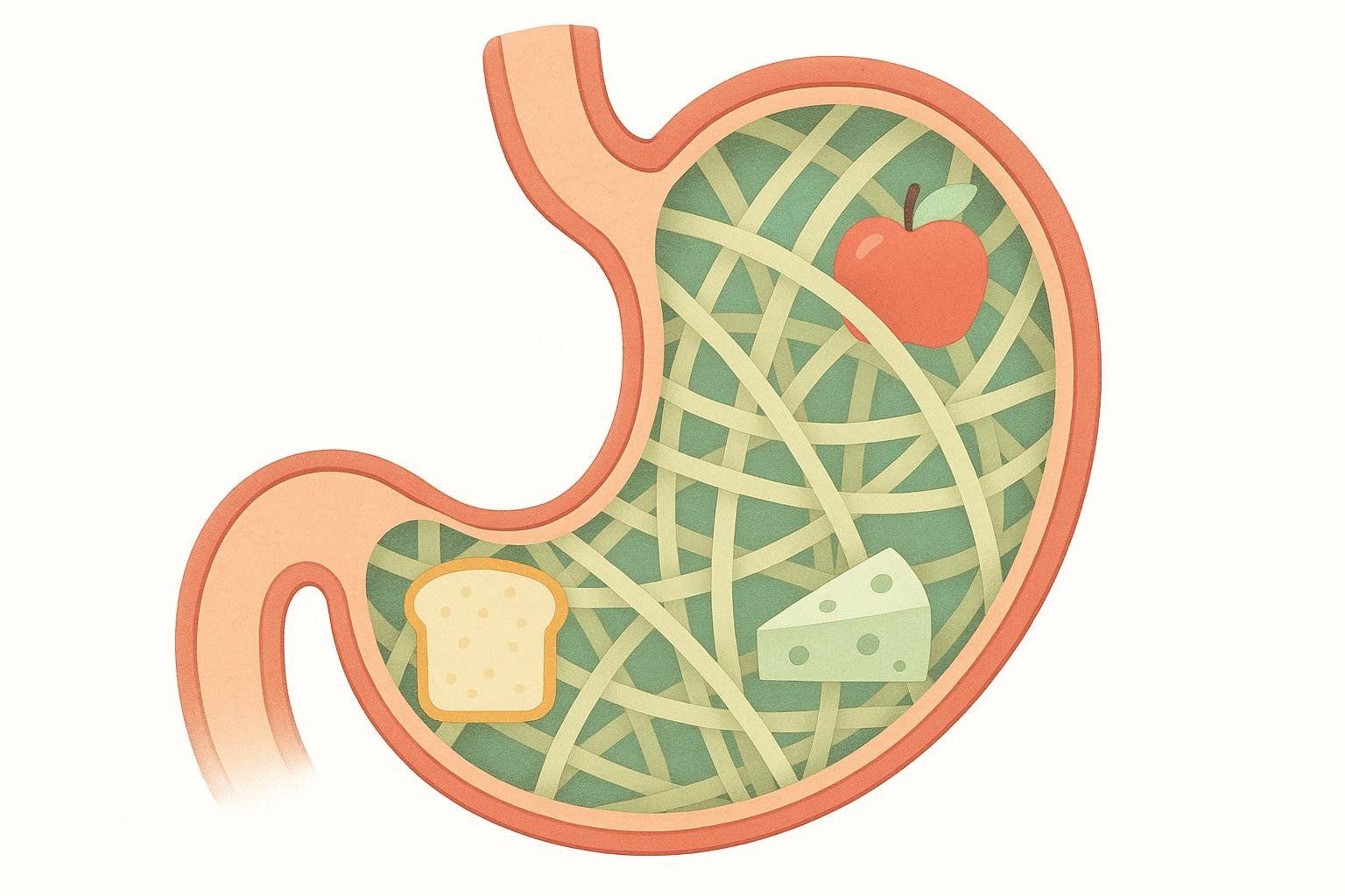 A conceptual illustration of dietary fiber creating a scaffold-like structure in the stomach, with an apple, a slice of bread, and a wedge of cheese visibly integrated within the fiber network.
