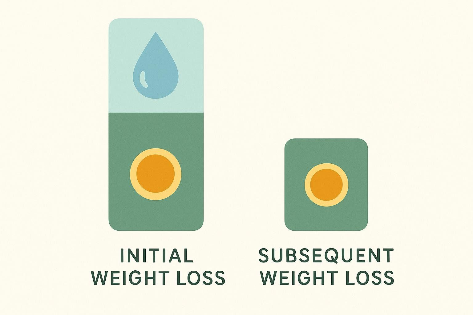 Bar chart infographic comparing initial weight loss (a mix of water and fat) to later, steady fat loss.