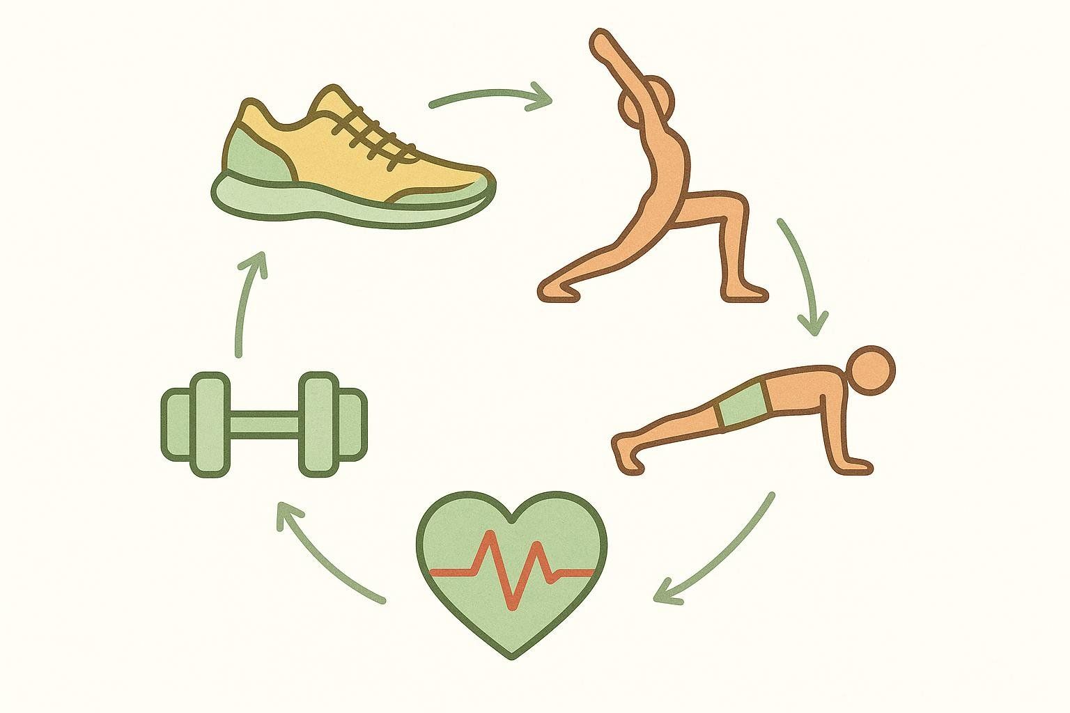 An illustration showing five icons in a circular flow, representing a balanced weekly fitness plan. The icons include a running shoe, a person doing yoga, a person in a plank position, a heart with a pulse line, and a dumbbell. Green arrows connect the icons in a clockwise and counter-clockwise direction.