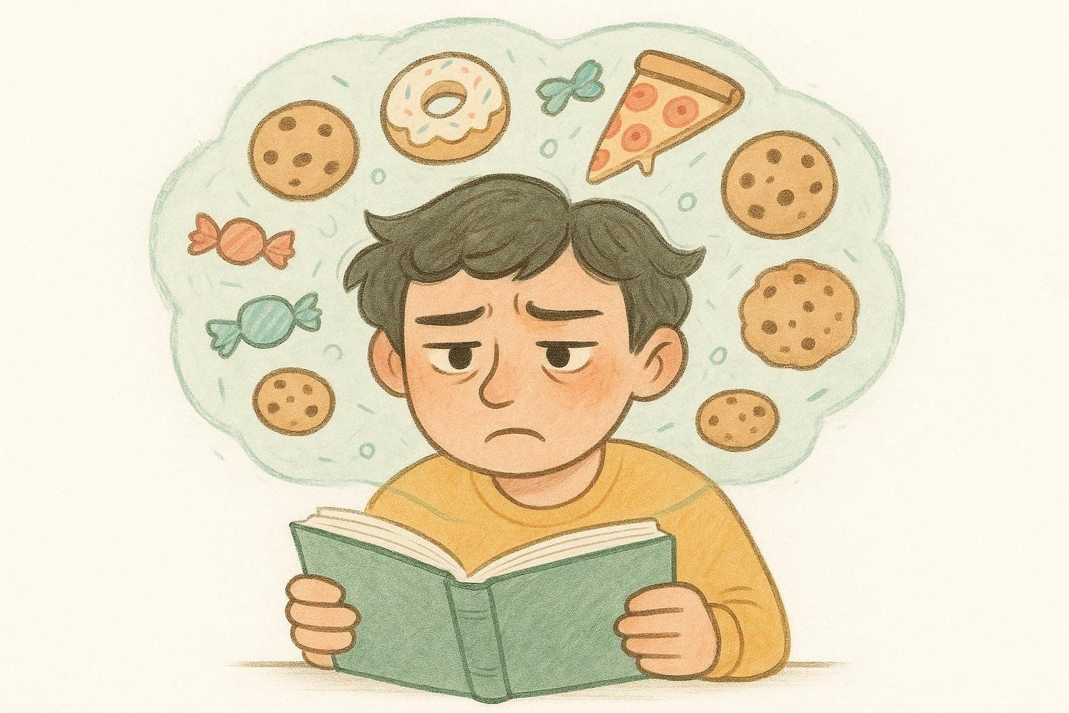 An illustration of a person trying to focus but being distracted by a persistent cloud of food thoughts, visually defining food noise.