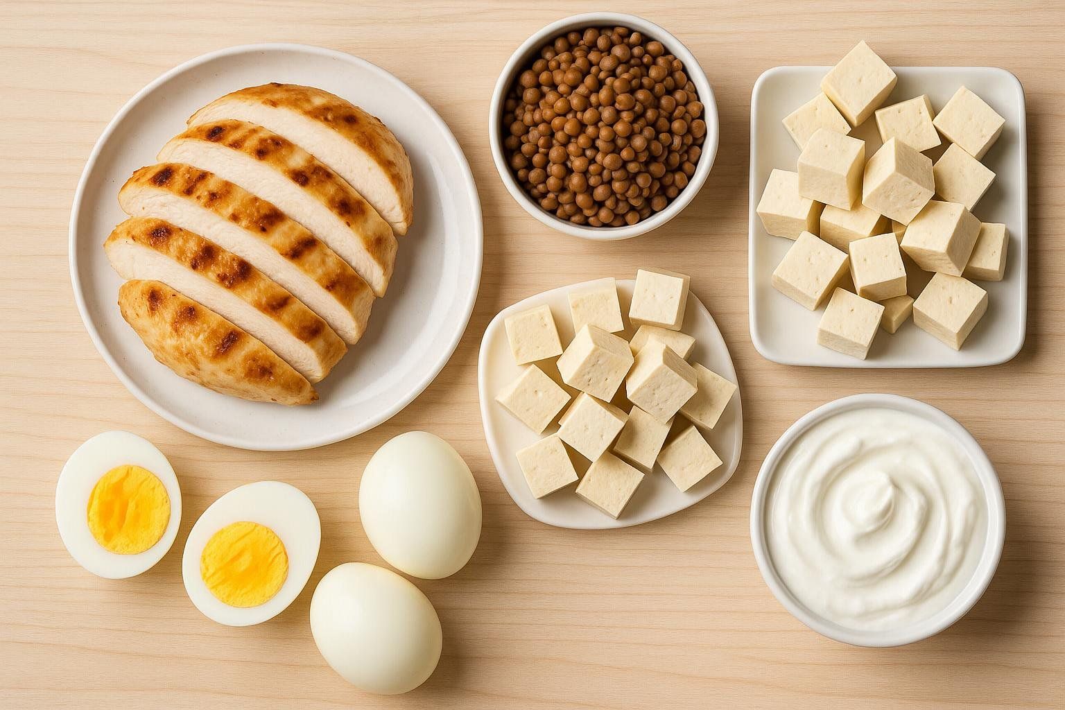 Top-down view of various healthy protein foods: chicken, lentils, tofu, eggs, Greek yogurt.