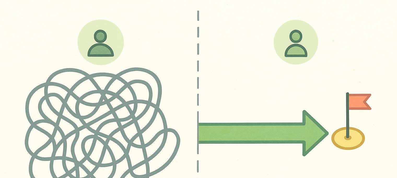 An illustration contrasting a tangled referral process with a simple, direct path to getting a health scan.