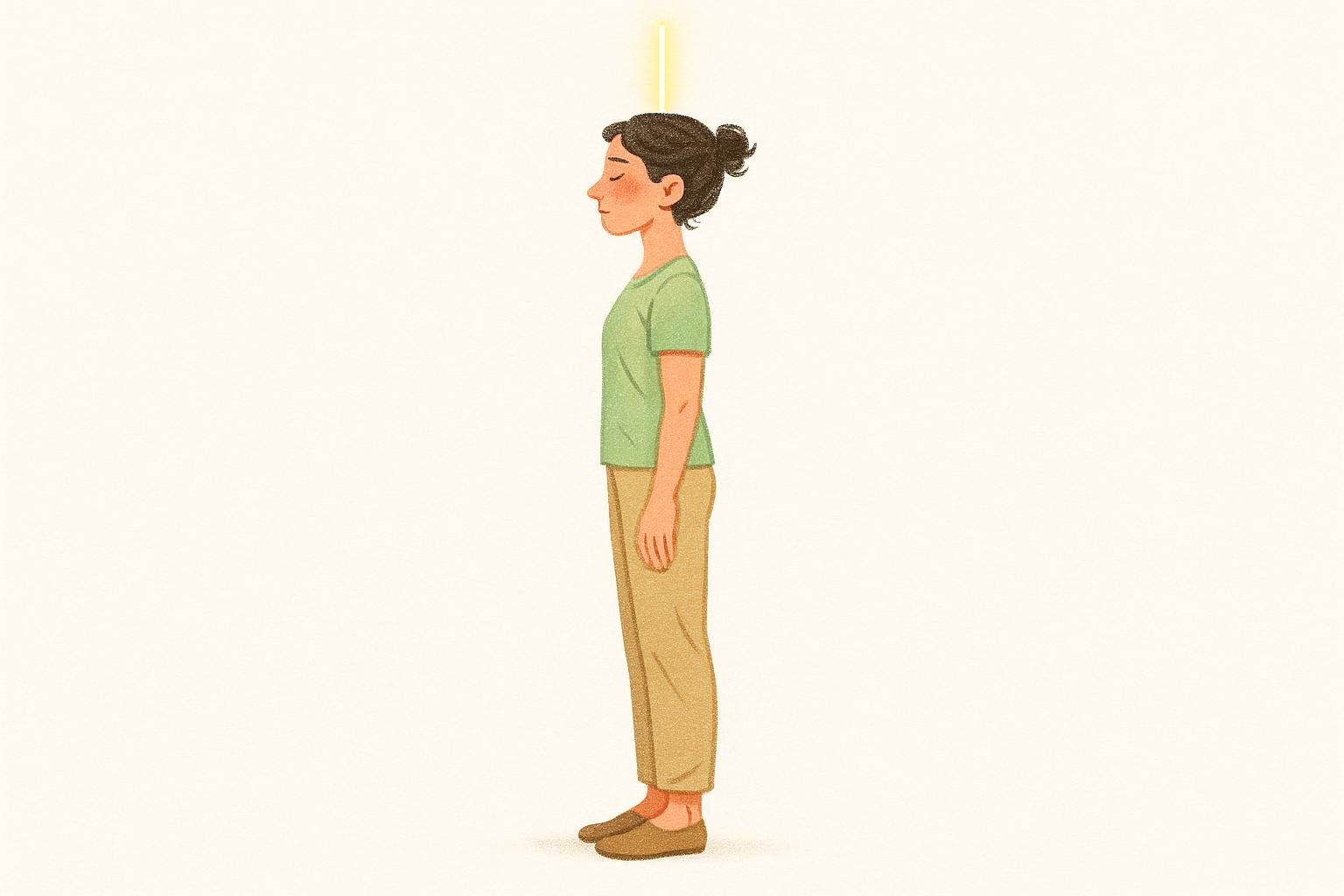 An illustration of a person in profile, standing with perfect posture and closed eyes. A golden vertical line extends upwards from the crown of their head, symbolizing alignment.