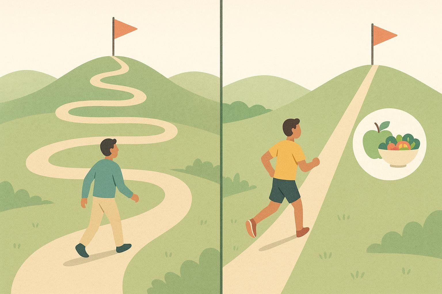 A comparative illustration showing a long, winding path for a person relying on exercise alone to reach a flag on a hill, versus a shorter, straight path for a person combining exercise with a healthy diet, also leading to a flag on a hill.