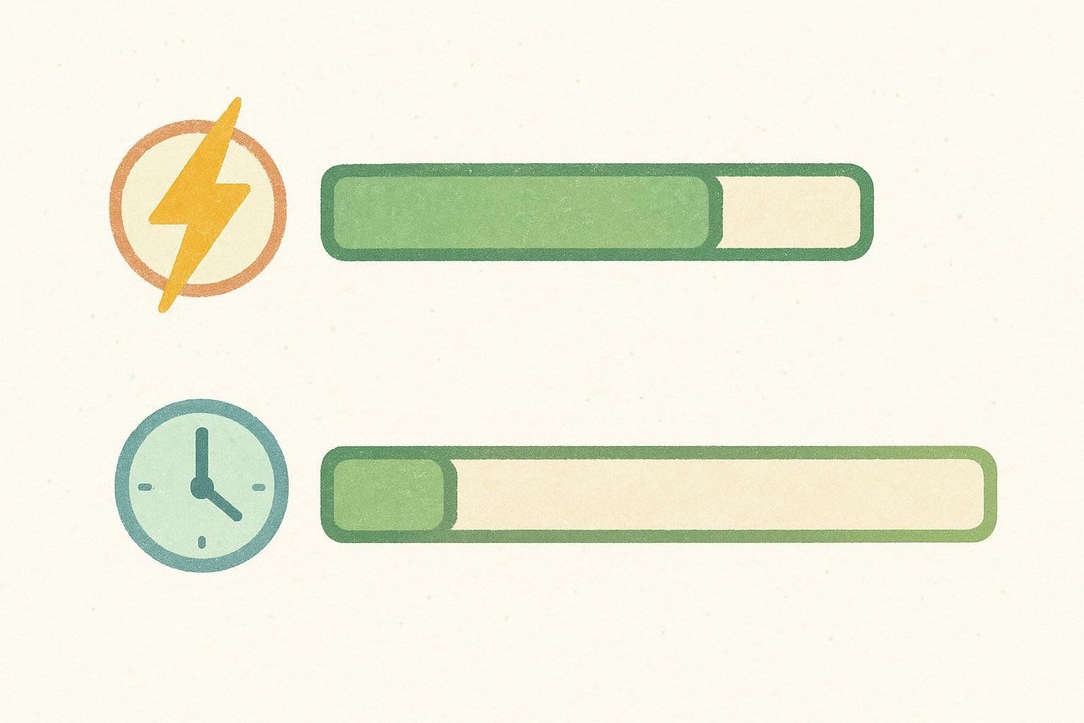 An infographic illustrating that a creatine loading phase (represented by a lightning bolt and a progress bar that is more filled) leads to full muscle saturation much quicker than standard daily dosing (represented by a clock and a progress bar that is less filled).