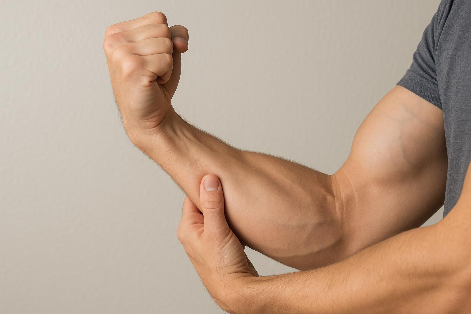 A man demonstrating a self-resistance bicep curl. He uses his right hand to push down on his left forearm as his left arm, wearing a grey t-shirt, curls upwards and flexes its bicep. The background is a solid light gray.