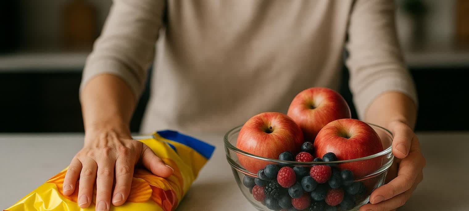 A person's hands on a kitchen counter, with one hand near a bag of chips and the other holding a clear bowl filled with fresh apples and berries, symbolizing a choice for a healthy snack.