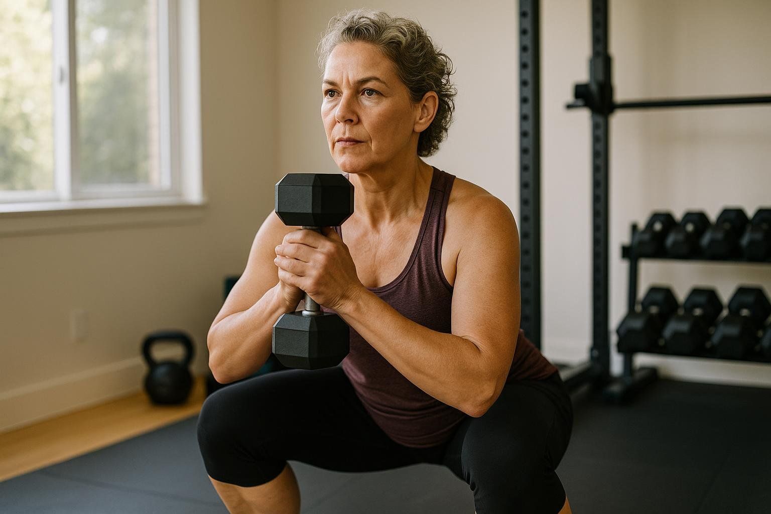 A strong woman in her 50s does a goblet squat, highlighting strength training to protect muscle during perimenopause.