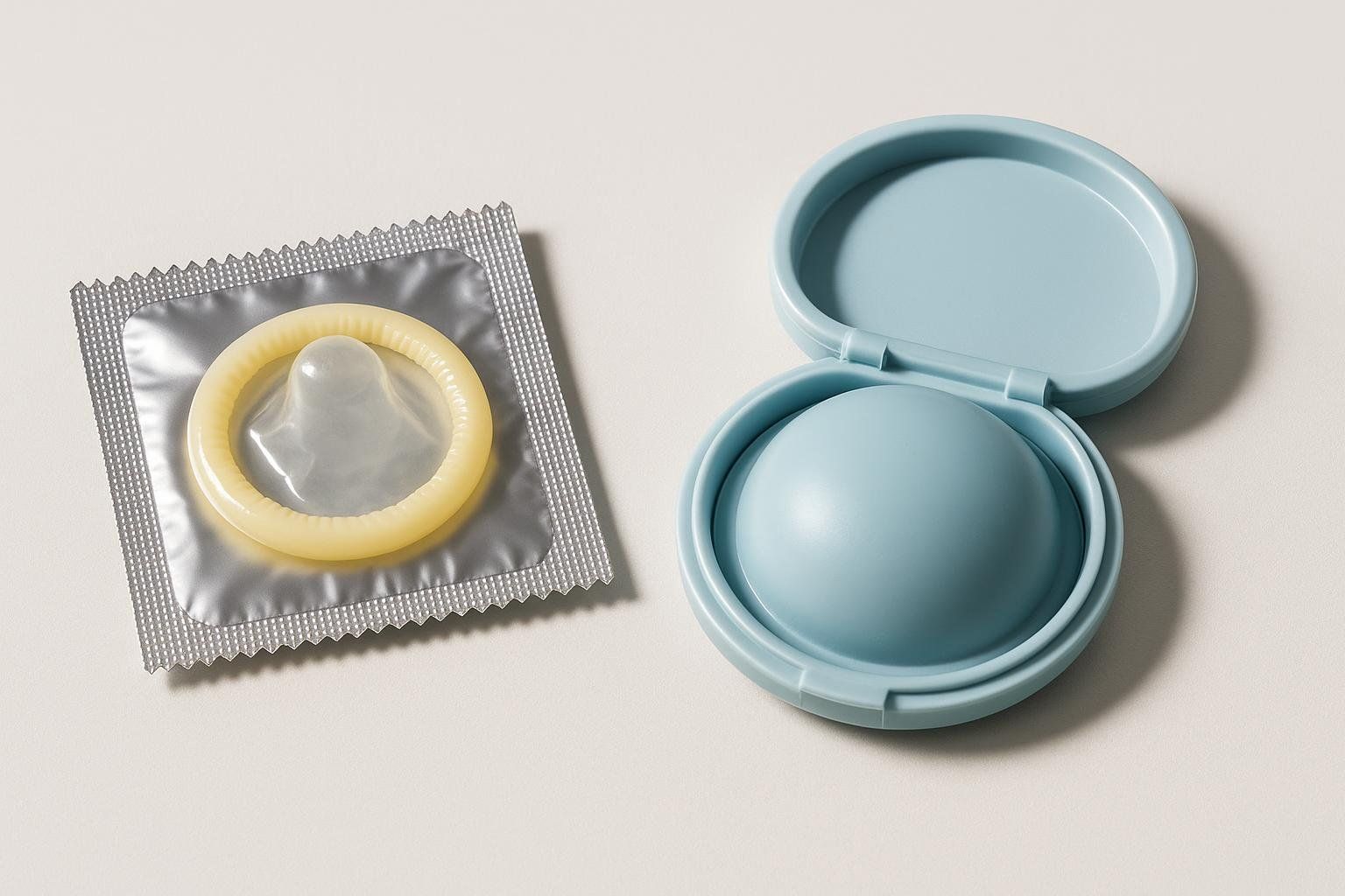 A clean, studio photograph of an unwrapped condom next to an open light blue diaphragm case on a plain light background. This image represents different barrier methods of contraception.