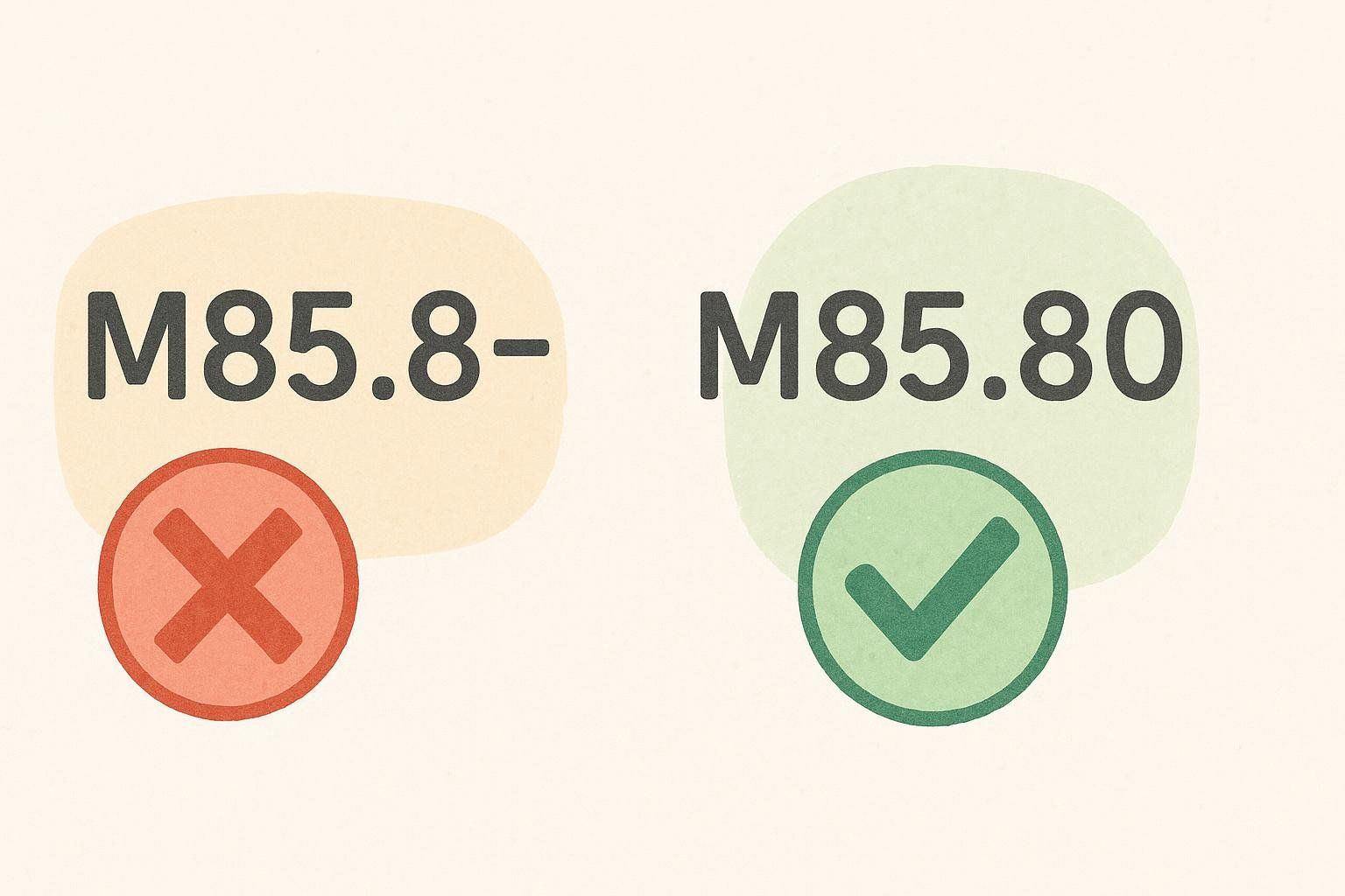 Illustration comparing medical billing codes, showing M85.8- with a red X to indicate it's not billable and M85.80 with a green checkmark, indicating it is billable.