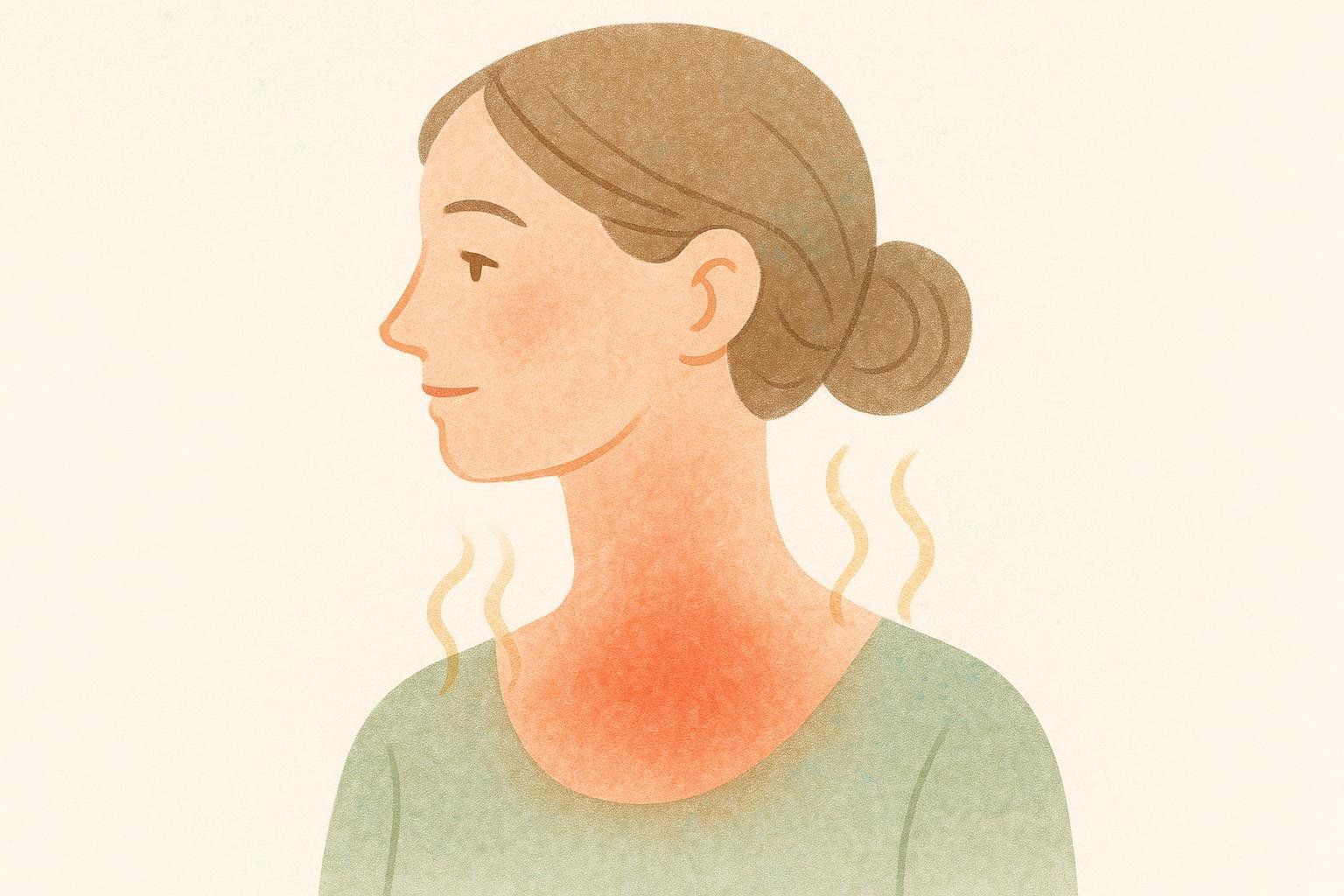 An illustration of a woman in profile, looking left, with her neck and upper chest shown in a red blush, emitting wavy lines that symbolize heat. She has light brown hair tied in a bun and is wearing a green top. The image depicts a perimenopausal hot flash.
