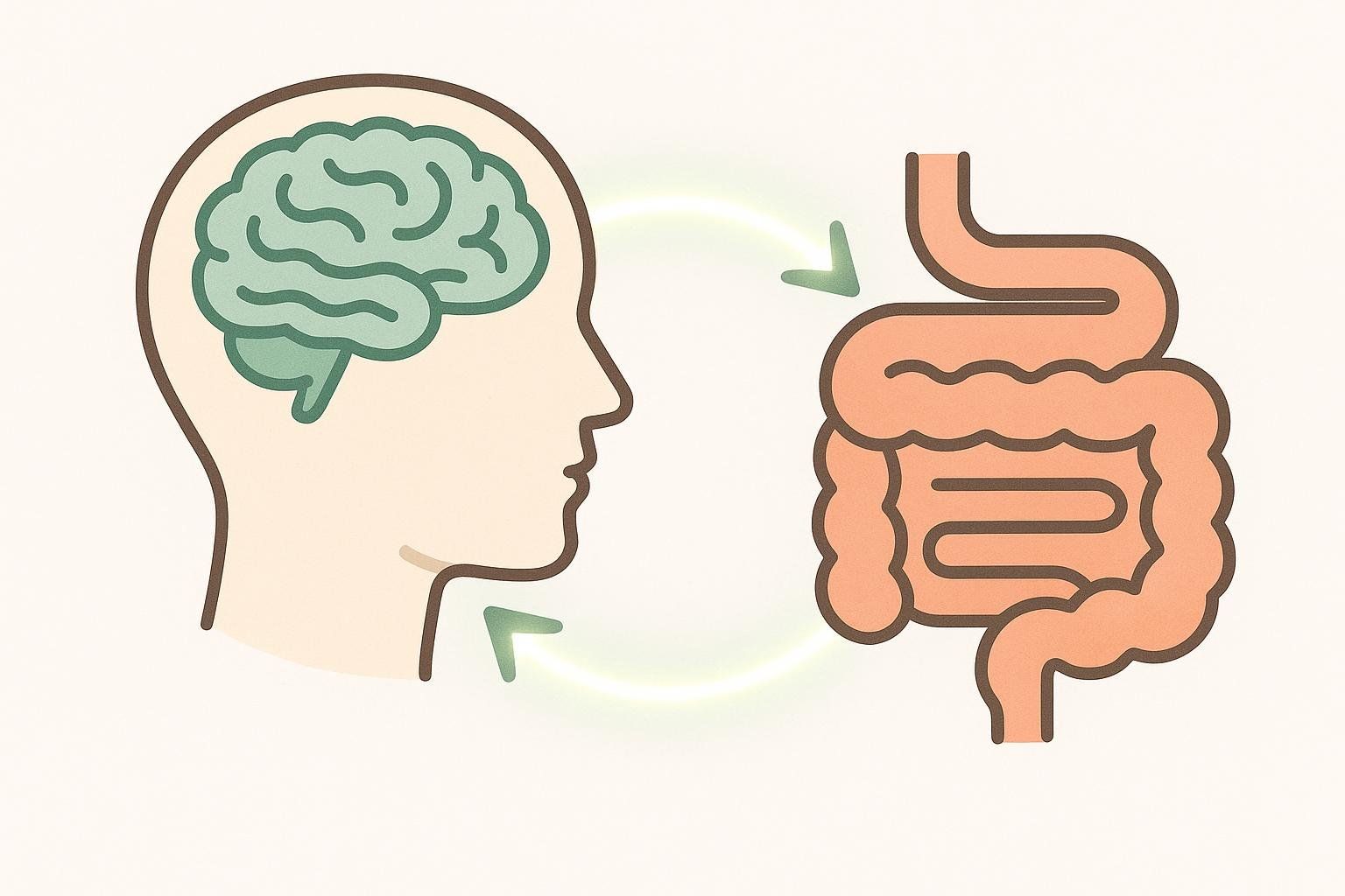 A minimalist illustration of the gut-brain axis, showing a clear two-way connection between the brain and the digestive system with a human head showing a brain on the left and intestines on the right, connected by arrows.