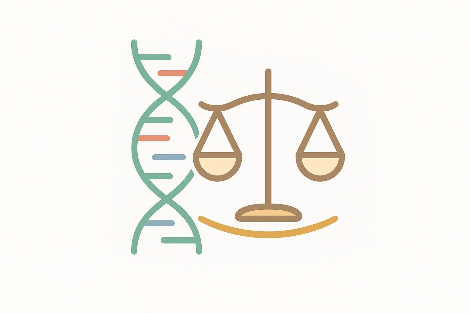 Illustration of a DNA double helix next to a set of balancing scales.