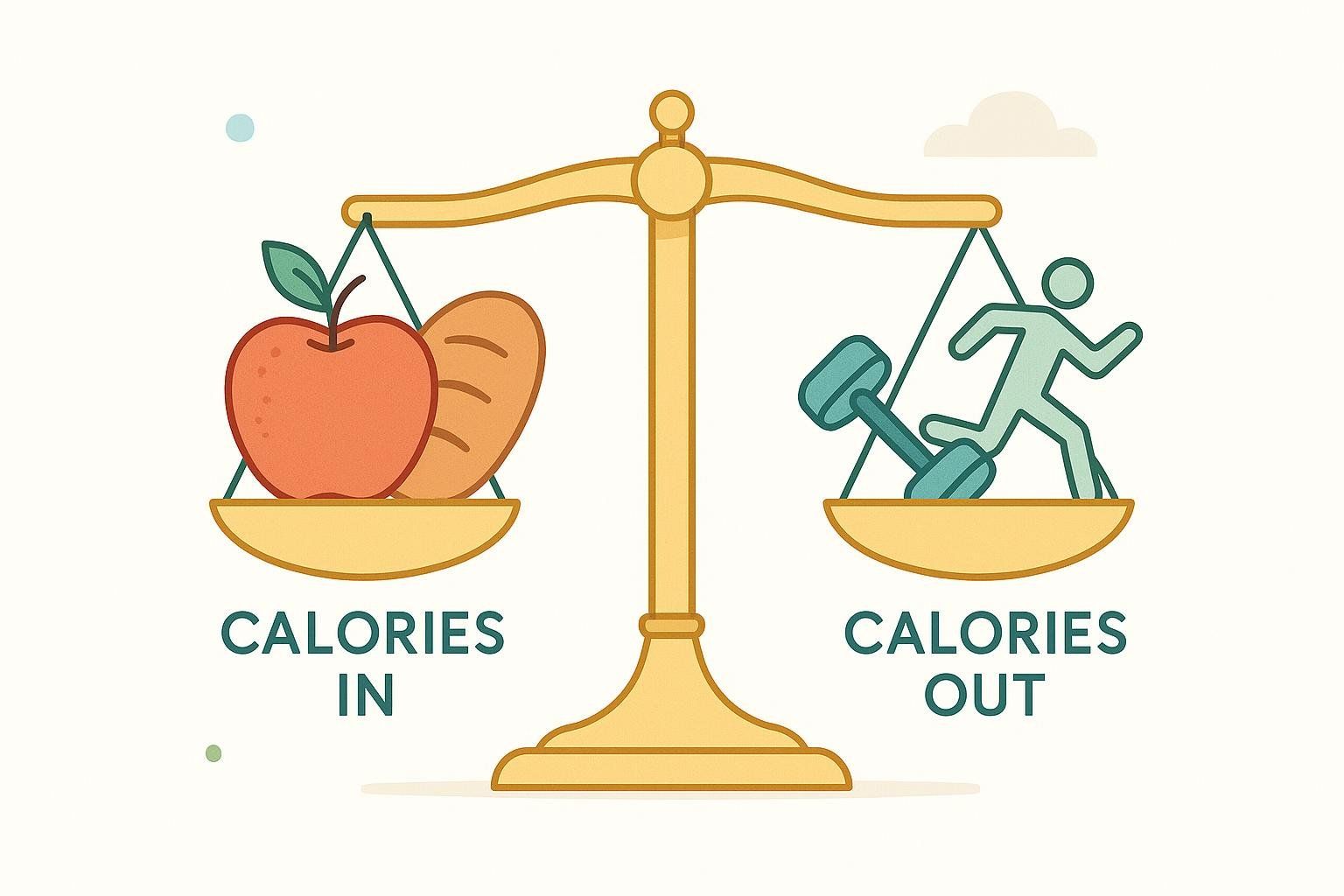 Illustration of a balance scale. The left side, representing Calories In with an apple and bread, is higher than the right side, representing Calories Out with a dumbbell and a running person. This visual shows that burning more calories than you consume leads to weight loss.