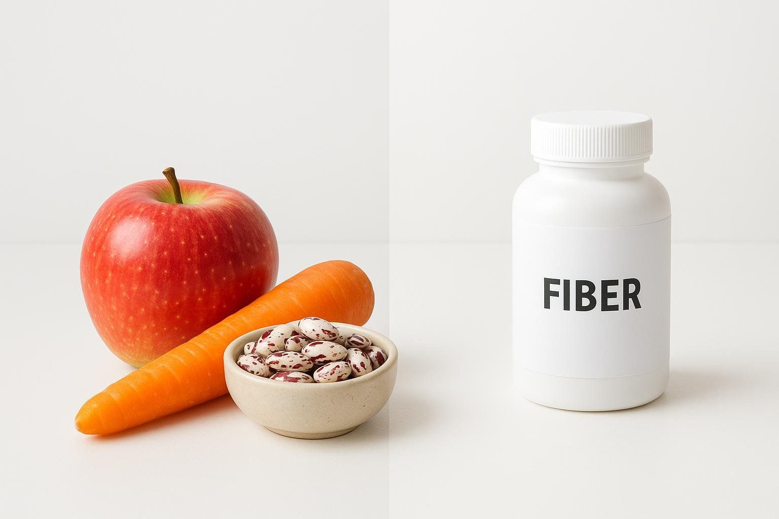 A visual comparison showing an apple, a carrot, and a small bowl of beans on the left, contrasting with a white bottle labeled 'FIBER' on the right, highlighting the benefits of getting fiber from whole foods over supplements.