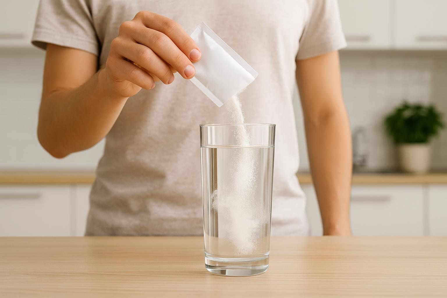 A person pouring white electrolyte powder from a small packet into a clear glass of water, with some of the powder already dissolving in the water, against a light kitchen background.