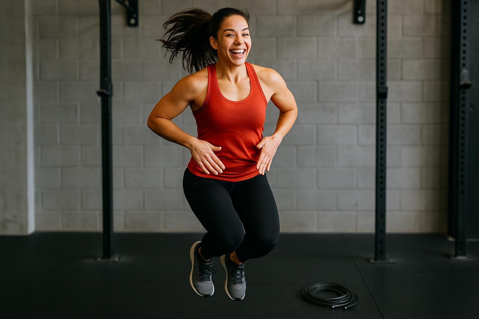 A woman performing penguin taps as a scalable alternative to double-unders, relevant to pelvic health management in CrossFit.