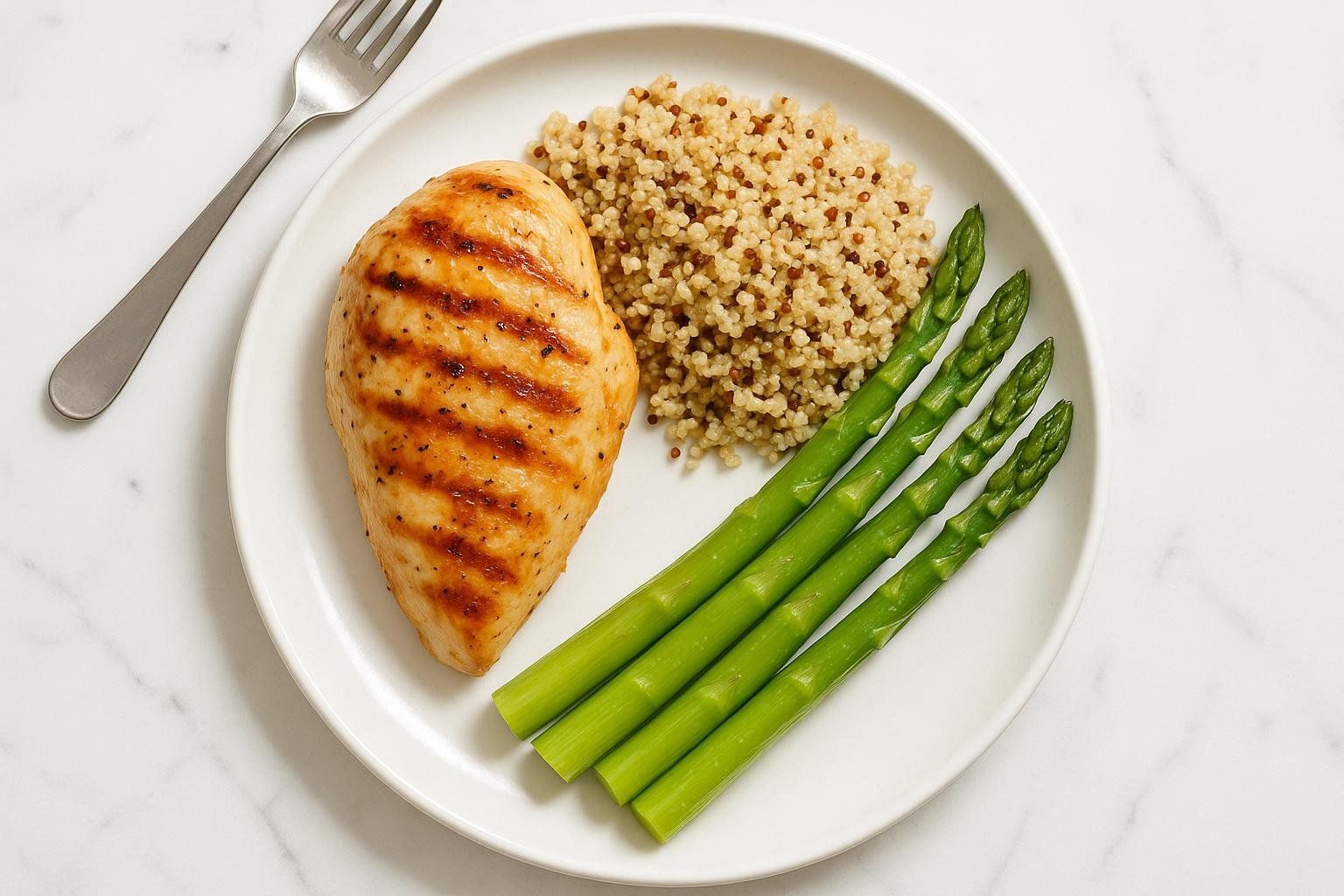 A white plate holds a grilled chicken breast with grill marks, a serving of quinoa, and four stalks of vibrant green asparagus. A silver fork is placed to the left of the plate on a white marble surface.