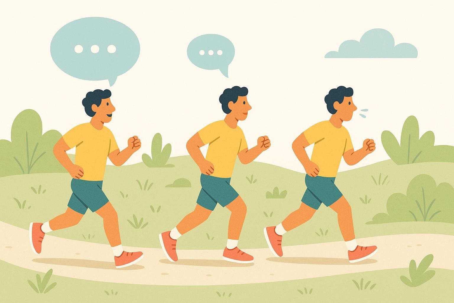 An illustration of three runners demonstrating the 'talk test': one can talk in sentences, one in phrases, and one only in single words.