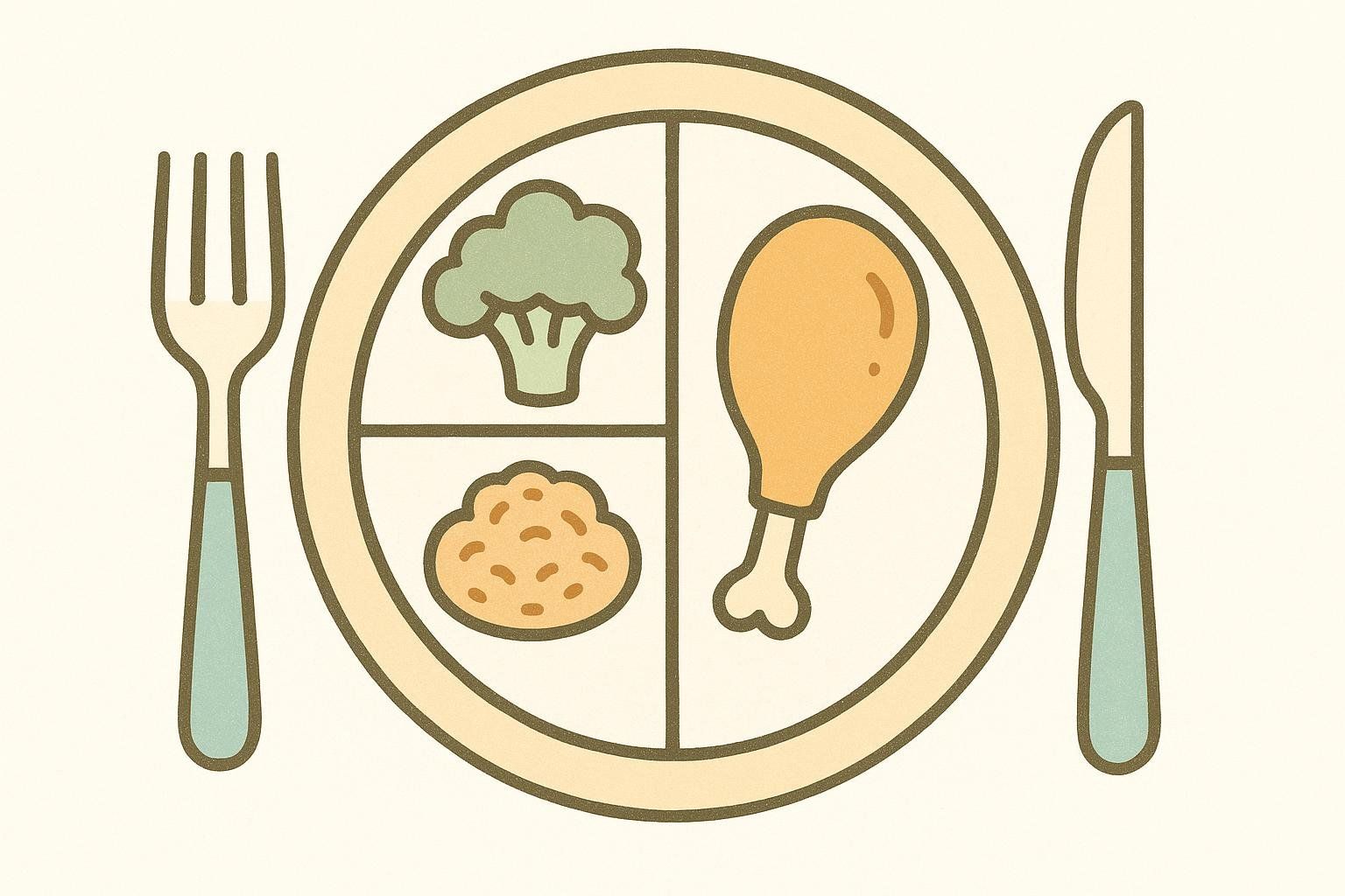 An illustration of a plate divided into three sections with a fork and knife on either side. The largest section contains a chicken leg (protein source), one smaller section has broccoli (vegetable), and the other smaller section has a carbohydrate like rice or mashed potatoes.