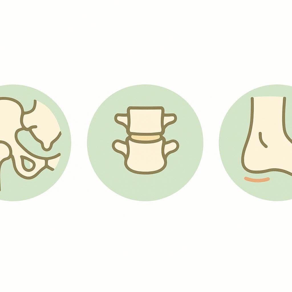 Three circular icons on a white background, from left to right: a stylized drawing of a hip bone, a stylized drawing of two vertebrae representing the spine, and a stylized drawing of a heel. These icons represent the common locations for bone density measurements.