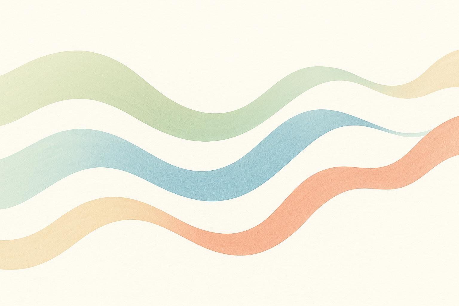 Abstract art of three colored waves moving horizontally across a light background. The waves are green, blue, and orange, suggesting flowing or synergistic movement.