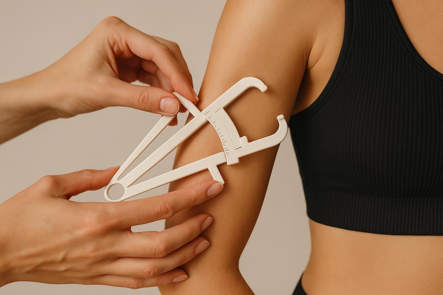 Close-up of hands using a skinfold caliper on an arm to measure body fat.