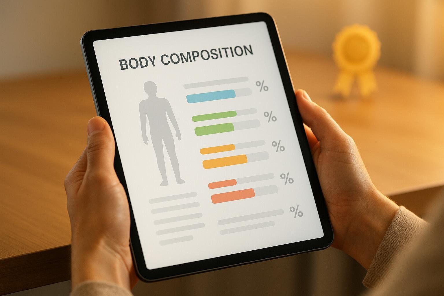 Close-up of hands holding a tablet displaying a generic body composition report with a graphic of a person and bar graphs showing percentages.