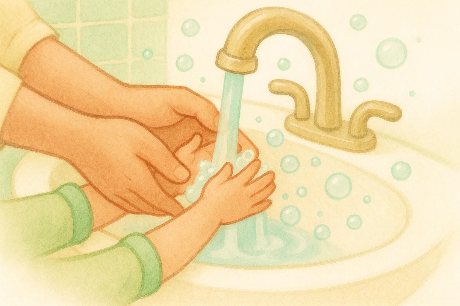 Illustration of an adult's hands gently guiding a child's hands under running water from a golden faucet in a sink. Bubbles of soap are visible around their hands and in the sink.