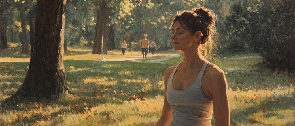 A painting style image of a woman in a grey tank top meditating with her eyes closed in a sunlit park. In the background, several figures are visible walking down a pathway.