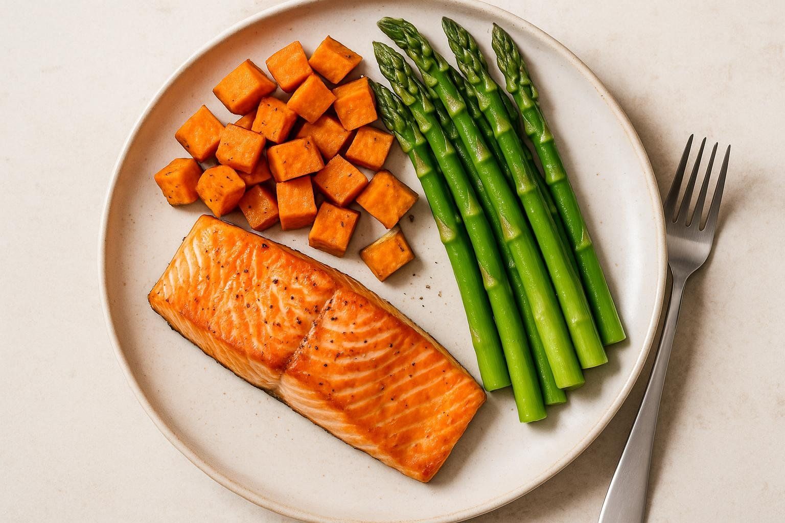 A plate with a balanced, high-protein meal of salmon, sweet potatoes, and asparagus, ideal for muscle building.