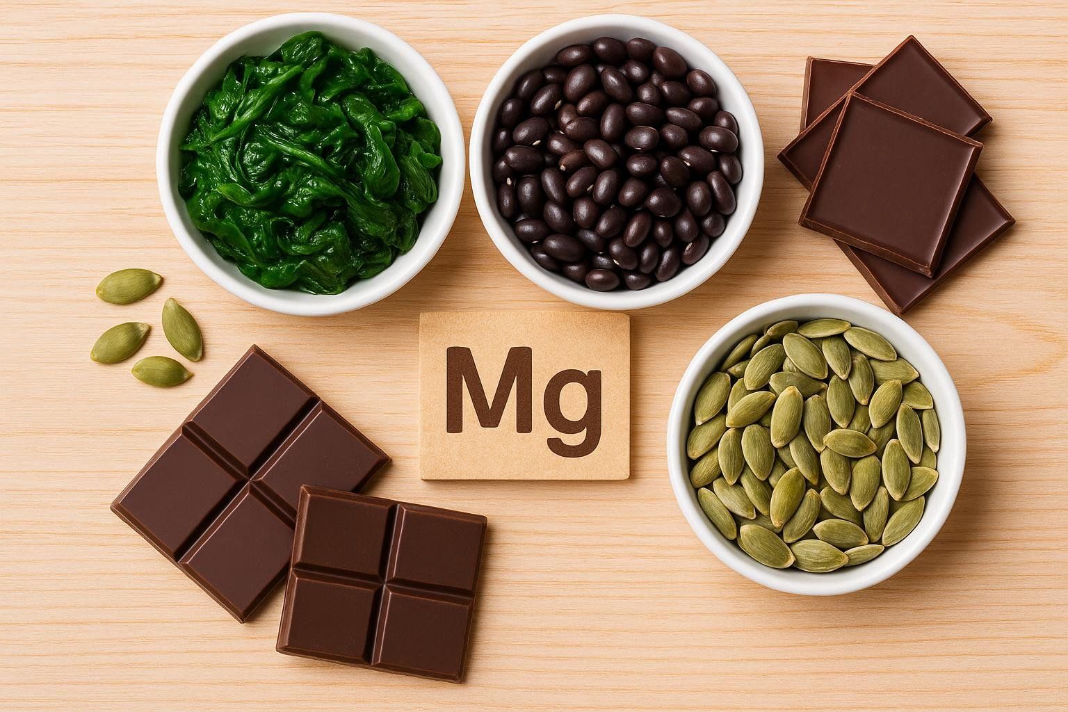 A flat lay image of various magnesium-rich foods including spinach, black beans, pumpkin seeds, and dark chocolate, arranged around a wooden tile with 'Mg' written on it.