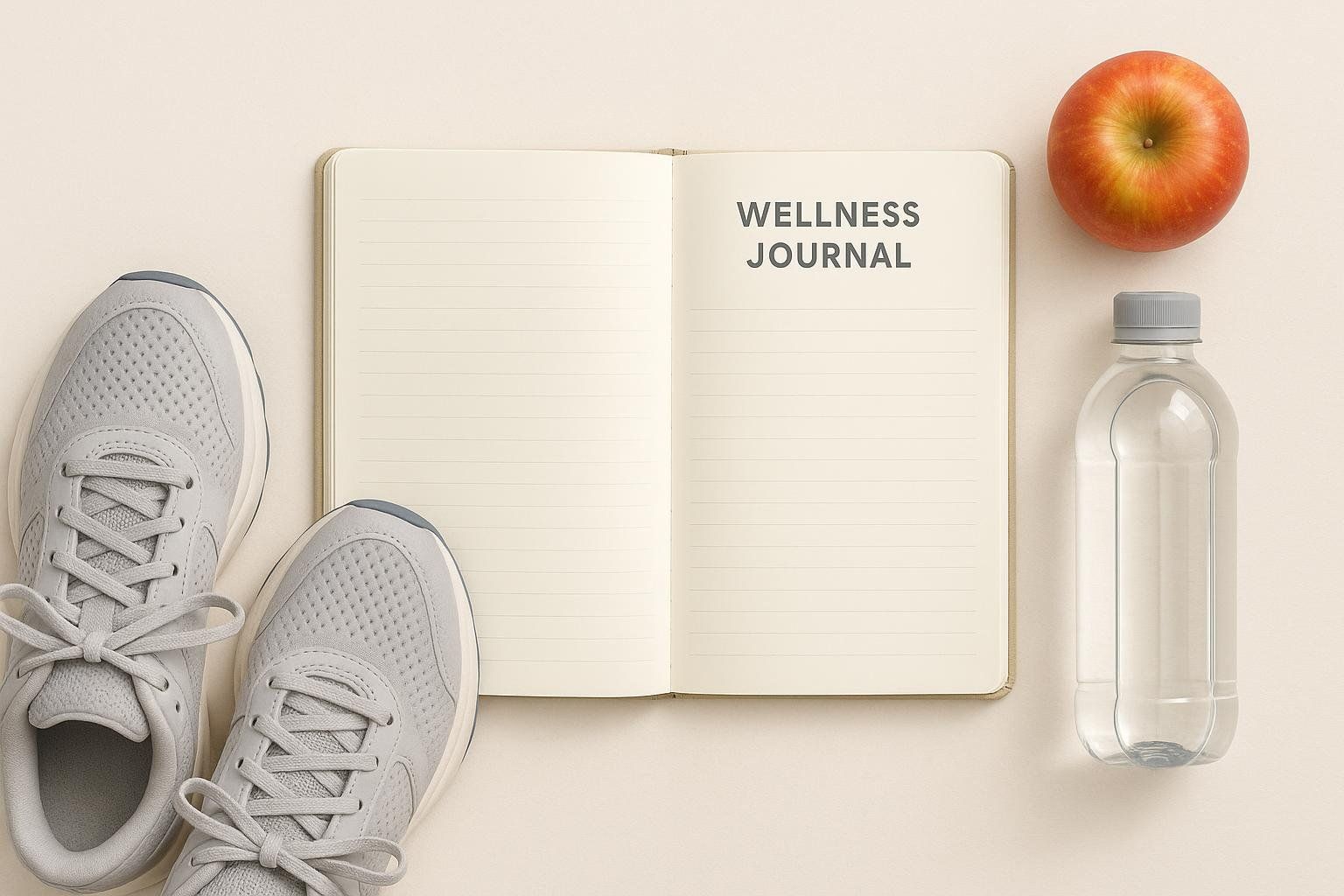 A flat lay image showing a wellness journal, a pair of gray running shoes, a red apple, and a bottle of water, suggesting a healthy lifestyle.