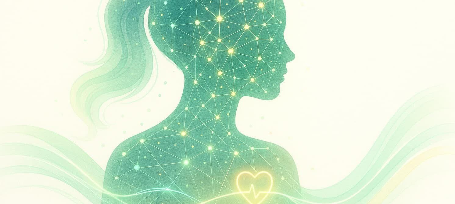 An abstract illustration of a woman's form created from glowing digital data, representing the femtech industry.