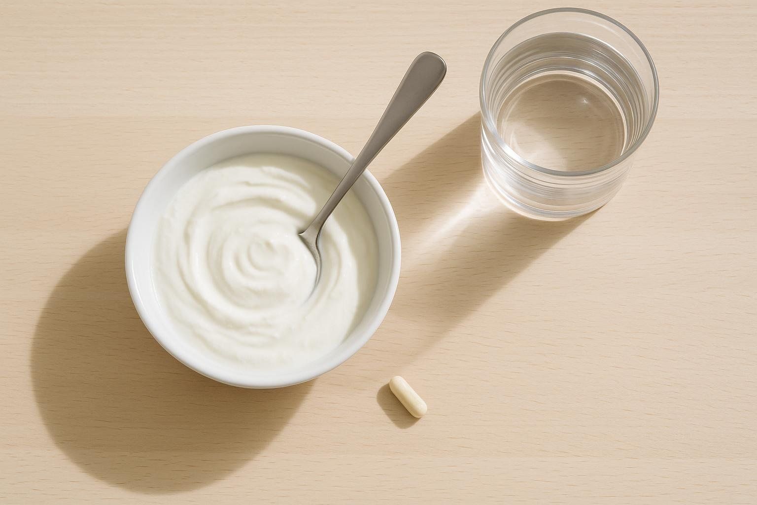 A white bowl of Greek yogurt with a spoon, a single probiotic capsule, and a glass of water are arranged on a light wooden surface. The objects are illuminated by natural light, creating soft shadows.