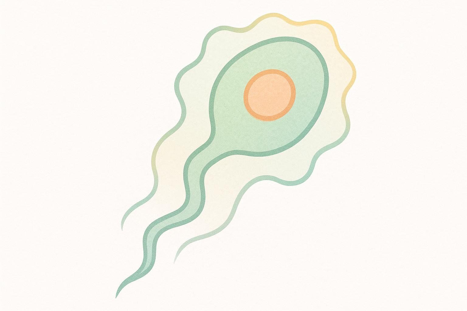 A stylized illustration of a sperm cell with a fluid, wavy outer membrane and tail, suggesting fluidity and movement, likely representing the effect of omega-3s.