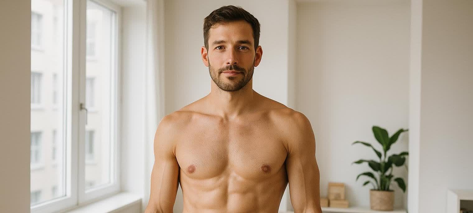 A man with a lean, defined physique representing what 10 percent body fat looks like in a natural, healthy way. He is shown from the chest up, facing the camera with a slight smile. The background is a bright, minimalist room with a window and a houseplant.