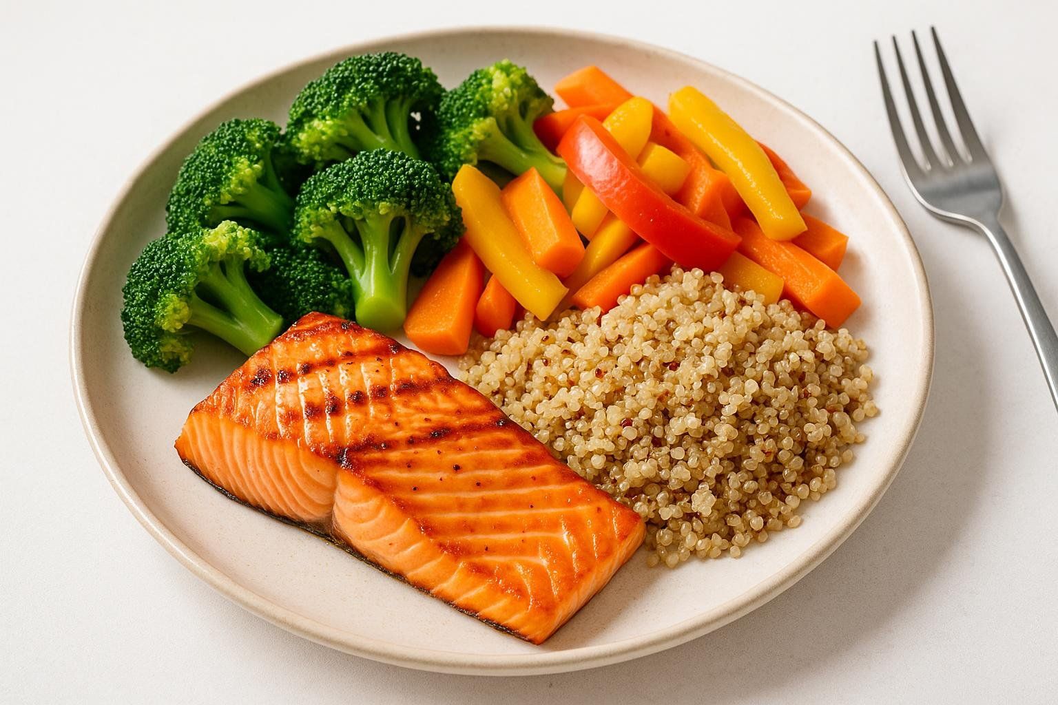 A balanced meal featuring a grilled salmon fillet, a serving of quinoa, steamed broccoli florets, and sliced bell peppers and carrots, all arranged on a light-colored plate with a fork nearby.