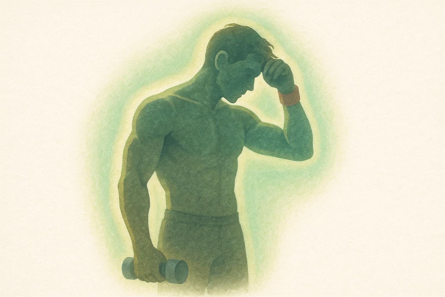 An illustration showing a figure with a glowing aura, representing the post-workout calorie burn (EPOC) from HIIT. The figure, possibly a man, is green-tinted and holds a dumbbell, wiping sweat from his forehead.