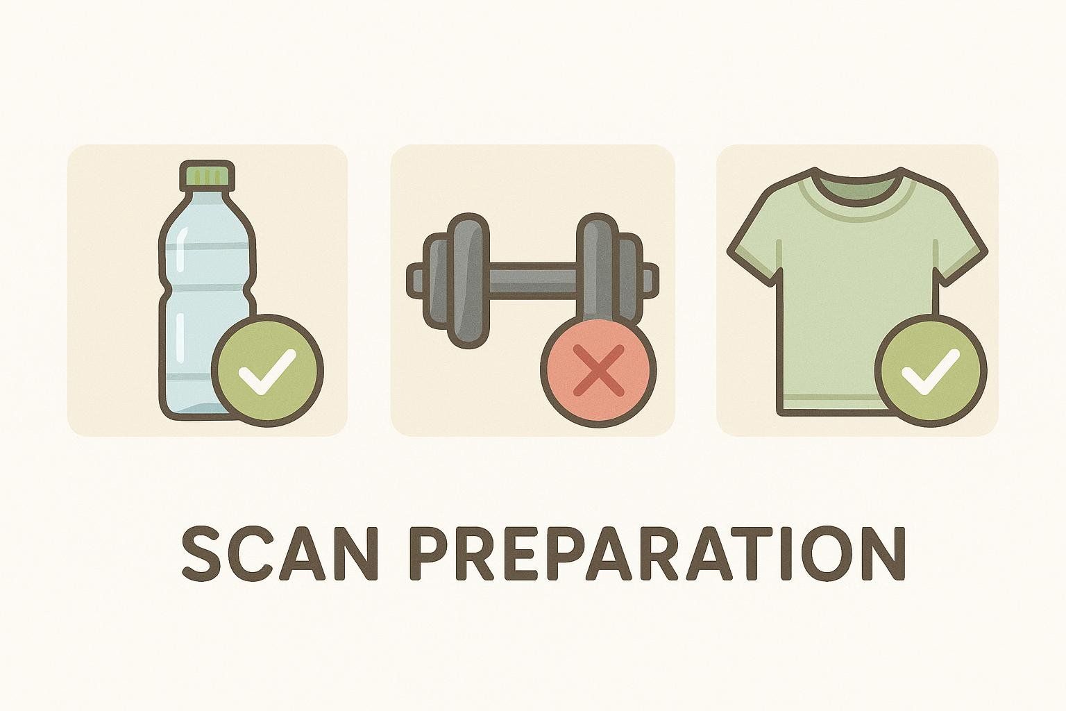 Icons for preparing for a scan: drink water (checkmark), avoid exercise (x-mark), and wear metal-free clothing (checkmark). The text reads 'SCAN PREPARATION' below the icons.