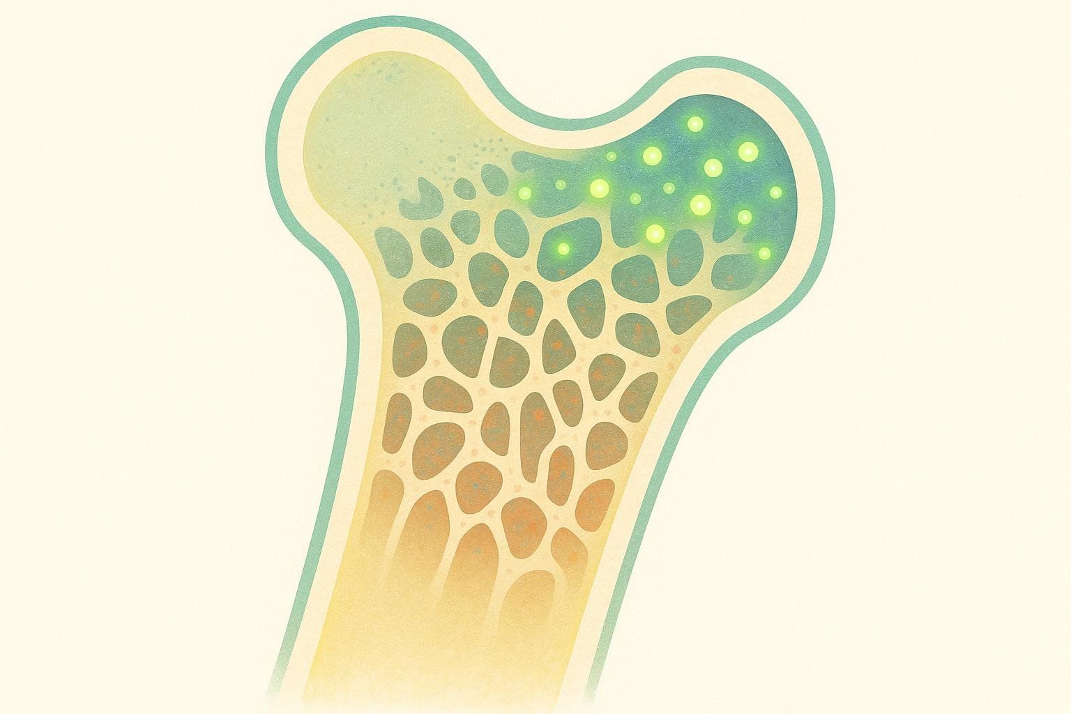 An abstract illustration depicting increased bone density. One end of the bone section shows a more porous, lighter green structure, while the other end transitions to a denser structure with vibrant, glowing green spots, suggesting new bone formation or increased density.
