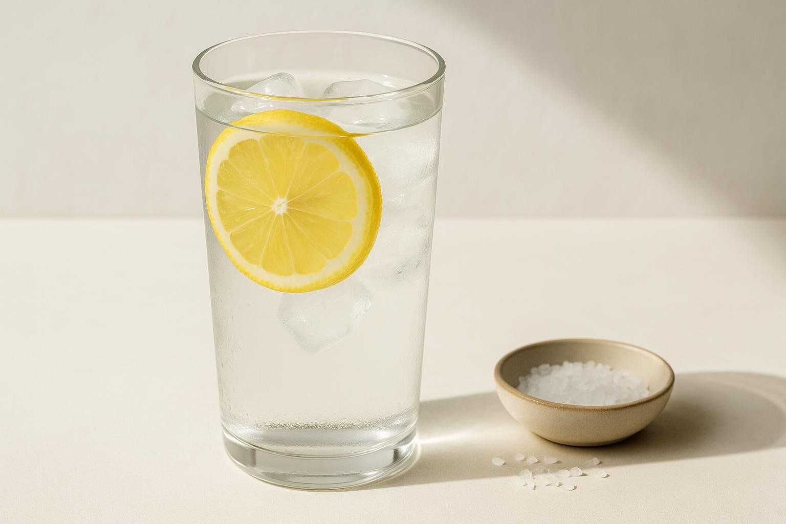Refreshing glass of water with lemon and a side of salt, symbolizing essential hydration and electrolytes.