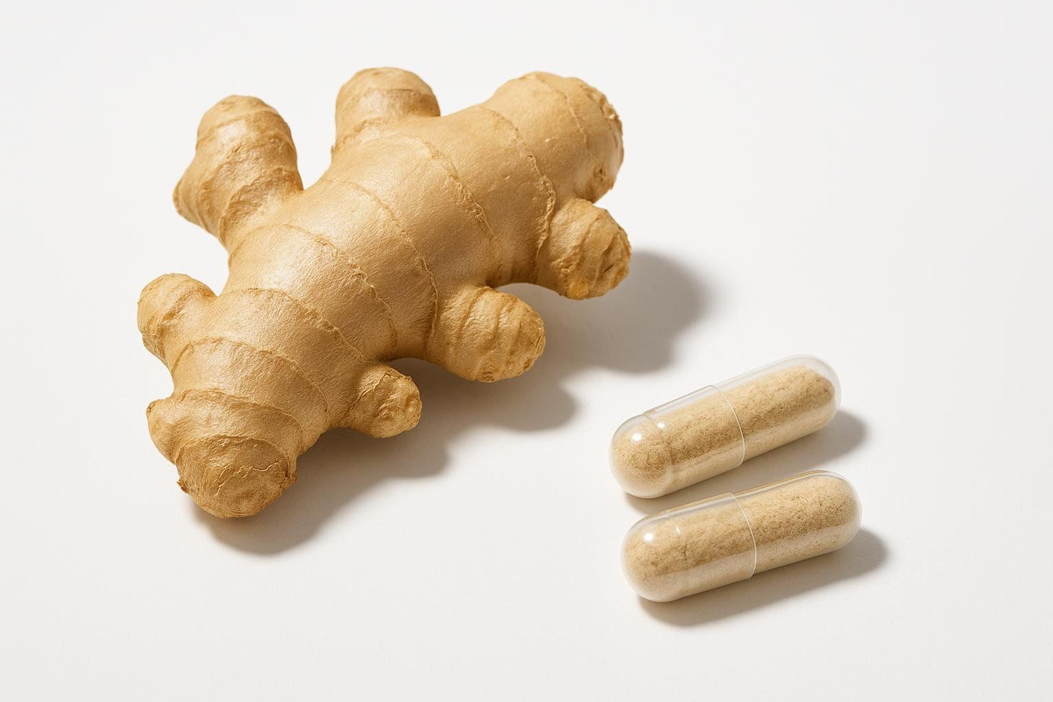 A fresh, light brown ginger root lies on a white surface next to two clear capsules filled with powdered ginger, showcasing both whole and supplement forms of the herb.