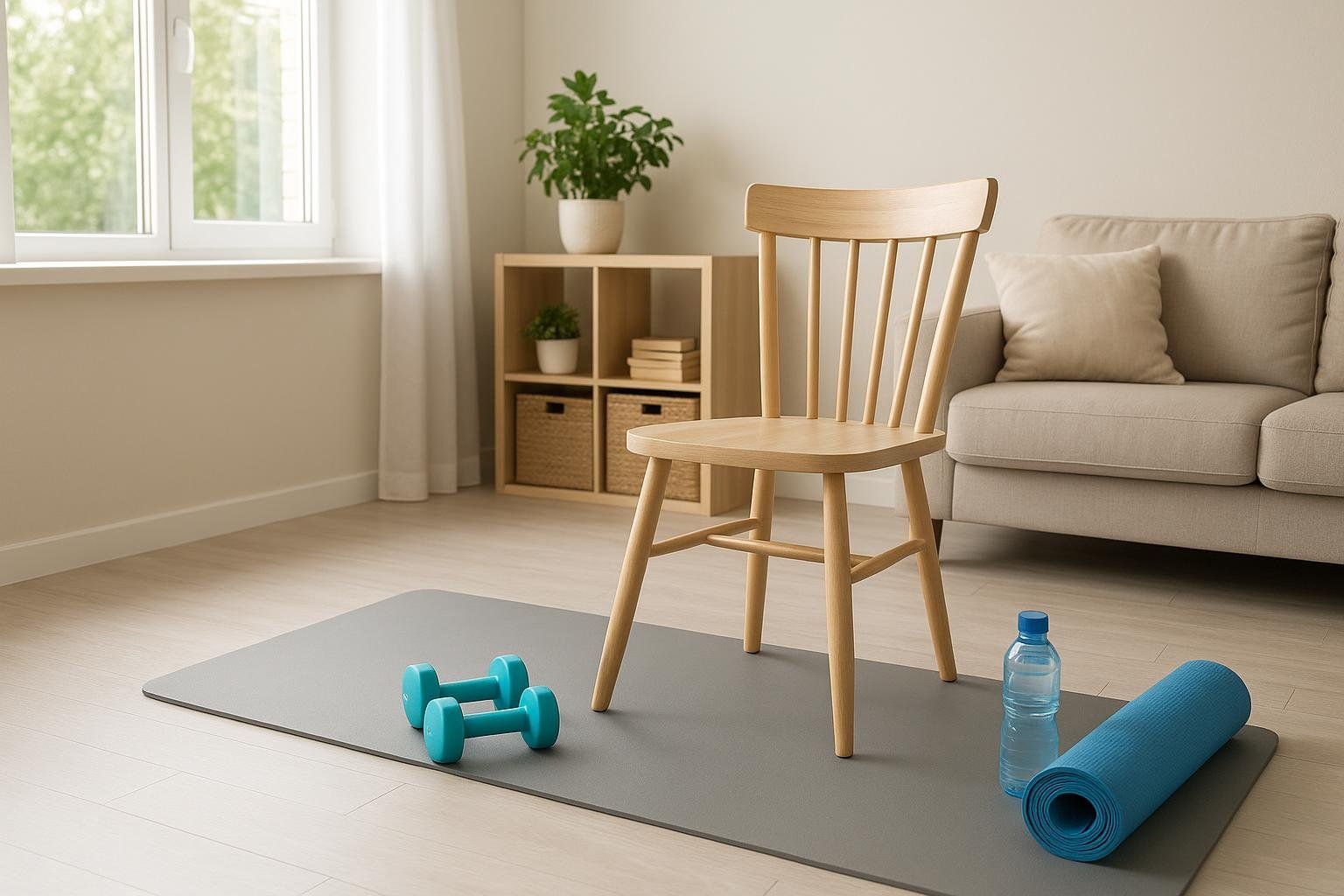 A photograph of a safe and clutter-free home exercise space, highlighting the importance of fall prevention safety.