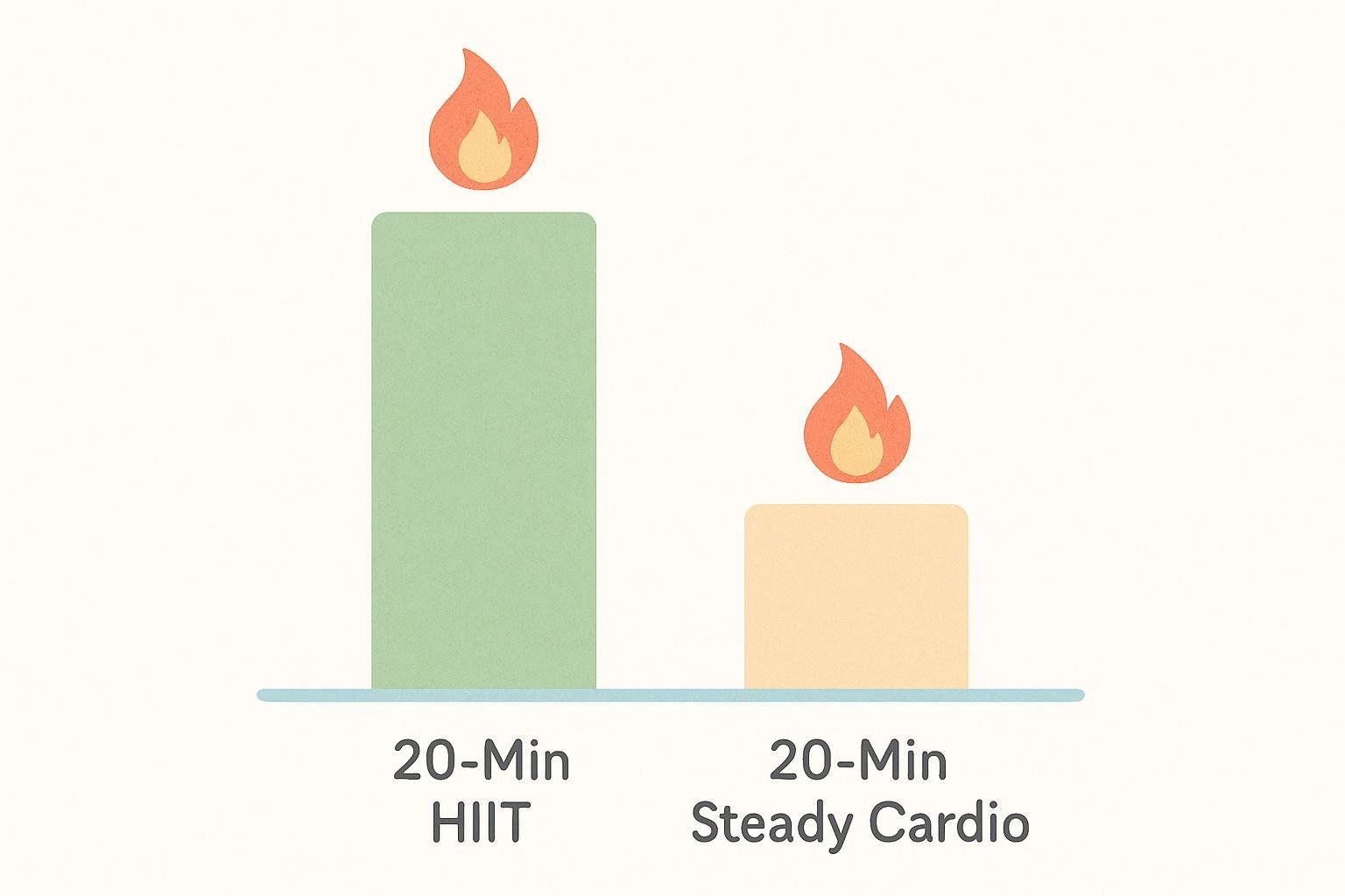 A bar chart comparing calories burned in a 20-minute HIIT workout (green bar, higher) versus a 20-minute steady cardio workout (beige bar, lower). Both bars have a flame icon at the top, suggesting calorie burn.