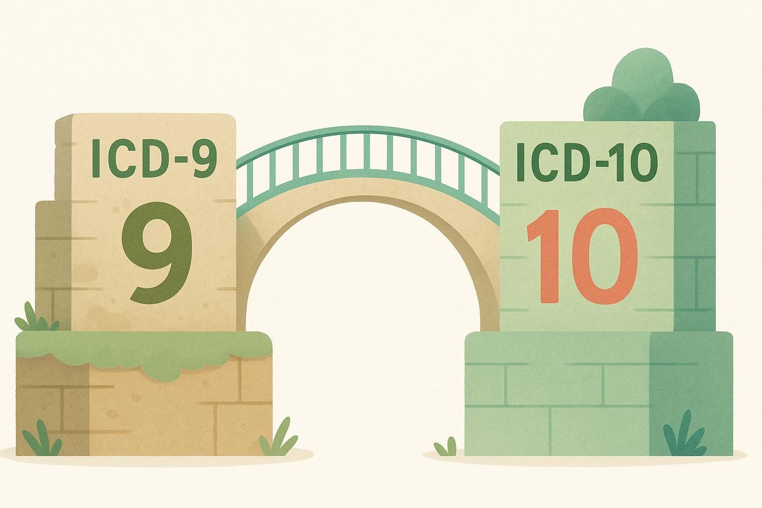 An illustration of a stone bridge connecting two platforms. The left platform is labeled 'ICD-9' with a large '9', and the right platform is labeled 'ICD-10' with a large '10'. This symbolizes the transition or crosswalk from ICD-9 to ICD-10.