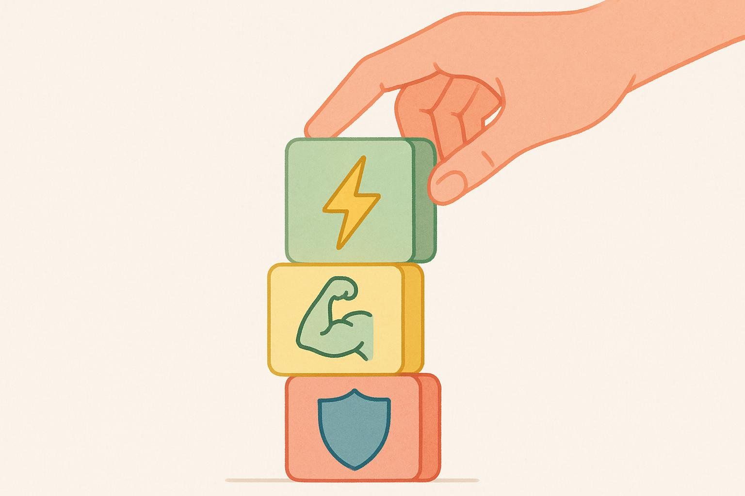 An illustration of building blocks with icons for energy, growth, and recovery, symbolizing the creation of a supplement stack.