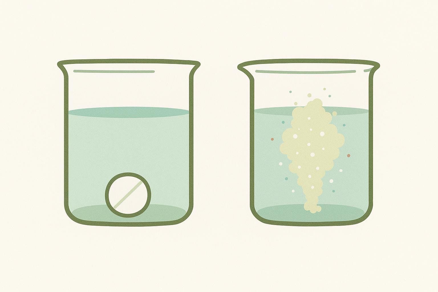 An illustration comparing a solid tablet that doesn't dissolve in water to crushed powder that does, representing differences in bioavailability.