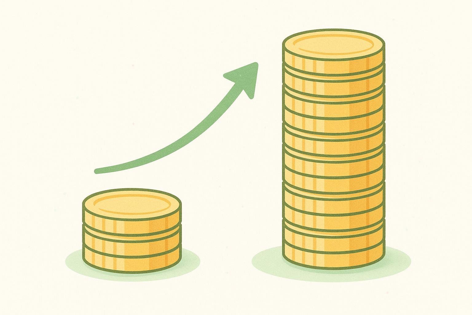 Abstract illustration showing a short stack of gold coins next to a tall stack of gold coins with a green arrow curving upwards between them, indicating growth.